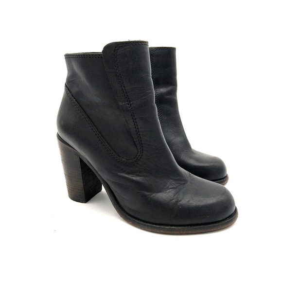 AllSaints Black Leather Ankle Boots Size 39 8 8.5 Stacked Heel Side Zip Moto - Picture 1 of 8
